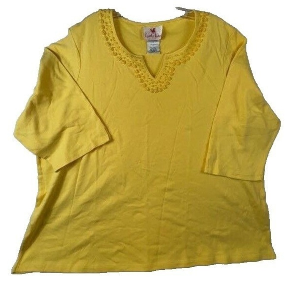 Quacker Factory 2X Yellow Beaded Tunic Blouse Plus Size Embroidered QVC Boho Top